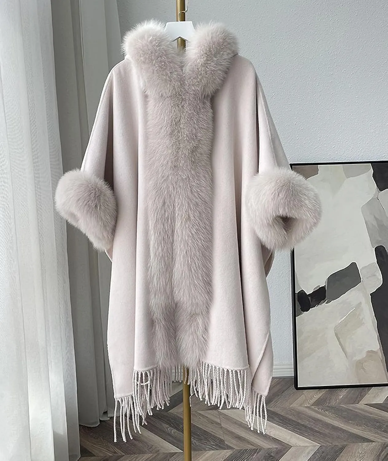 SOMTHRON Women's Faux Fur Trim Shawl Wrap Poncho Cape Coat Open Front Winter Fringe Hooded Knitted Sweater Cardigan