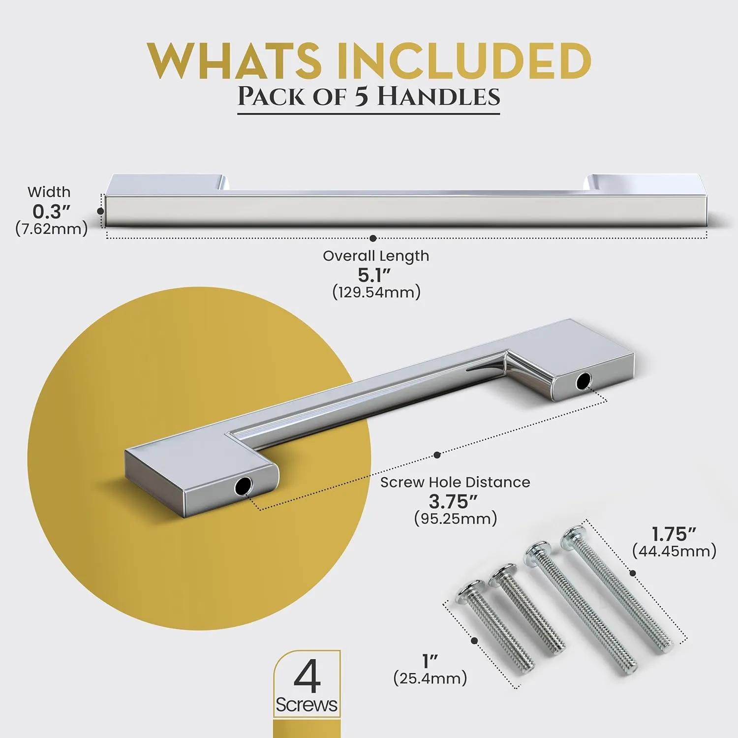 Southern Hills Polished Chrome Cabinet Handles - 5-Pack - 3.75" Centers - Chrome Drawer Pulls - Silver Cabinet Handles - Modern Cabinet Hardware - Kitchen Cabinet Pulls - SH3229-96-CHR-5