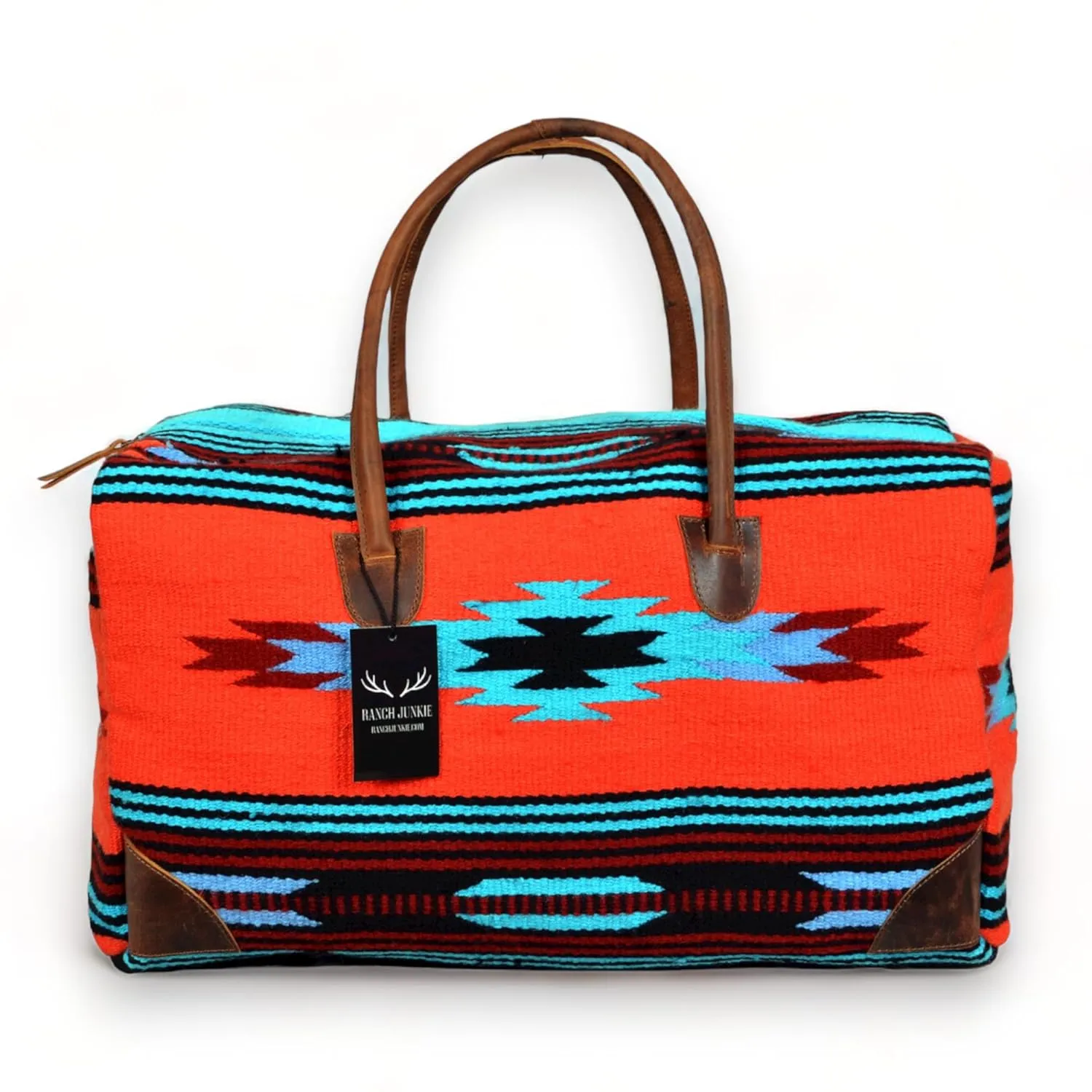 Southwestern Boho Aztec Large Weekender Duffel Bag Handwoven 100% Leather Handles (Sedona)