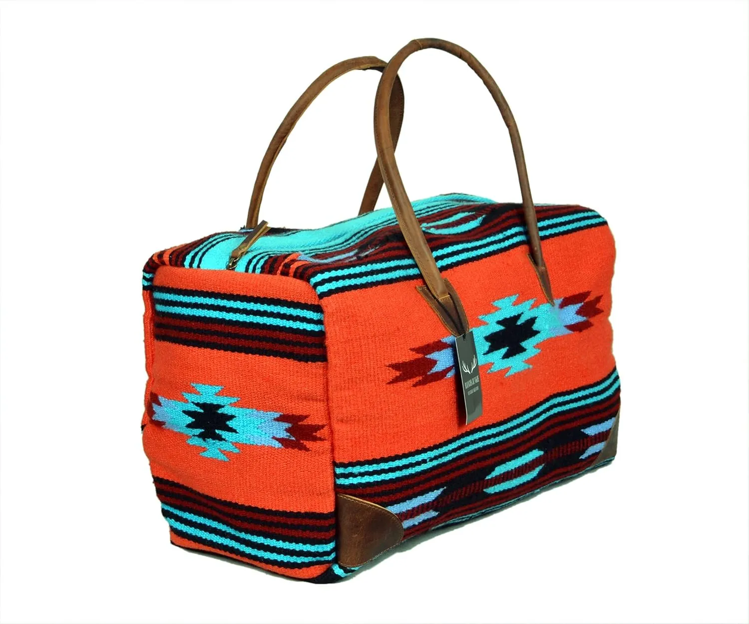 Southwestern Boho Aztec Large Weekender Duffel Bag Handwoven 100% Leather Handles (Sedona)