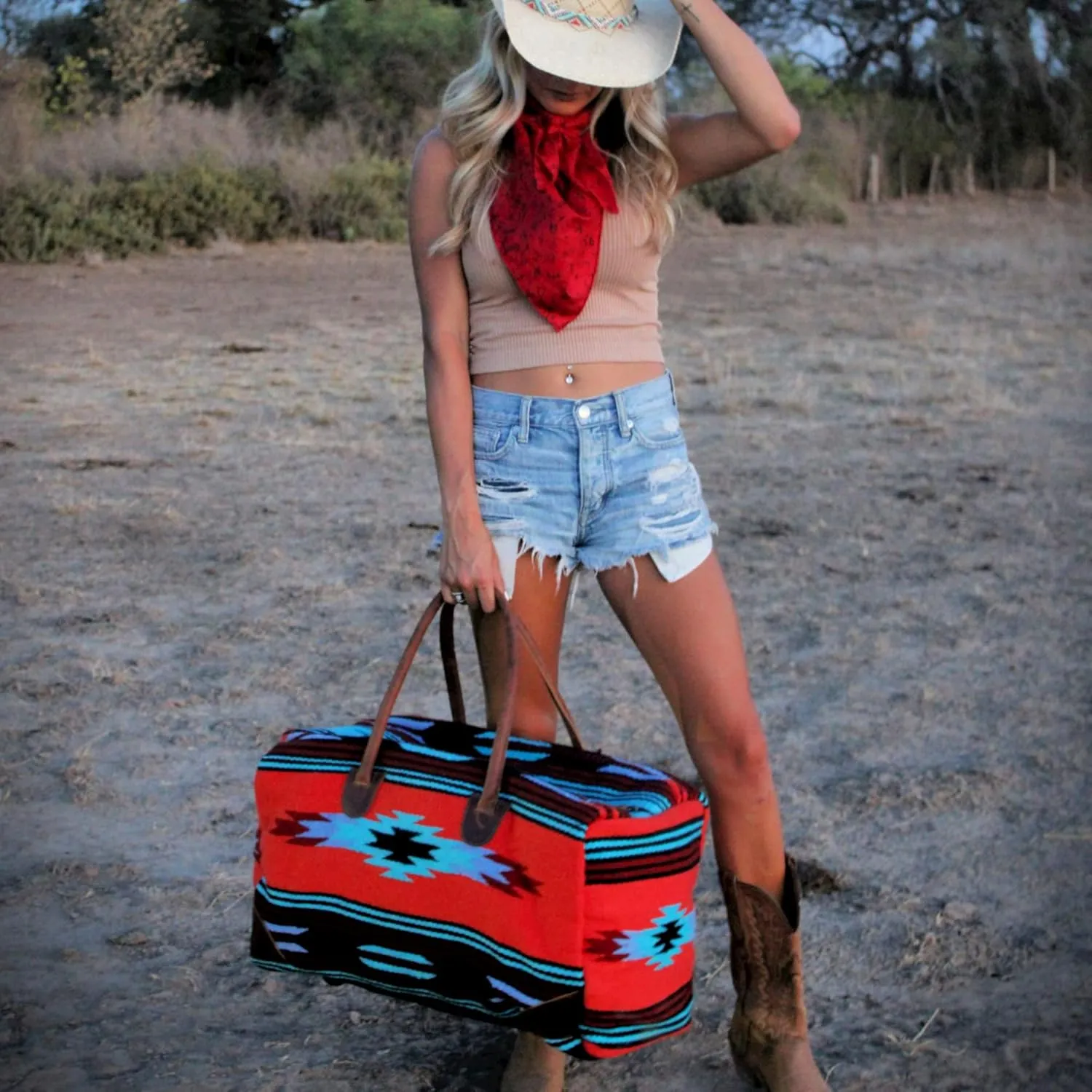 Southwestern Boho Aztec Large Weekender Duffel Bag Handwoven 100% Leather Handles (Sedona)