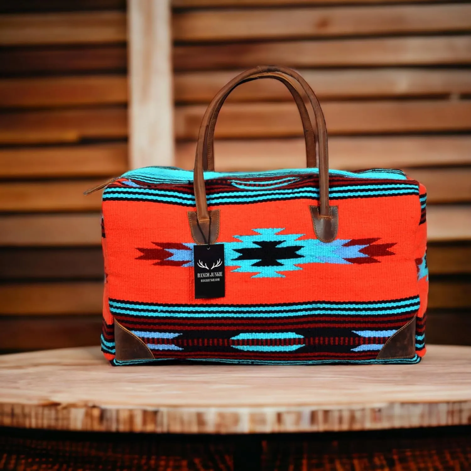 Southwestern Boho Aztec Large Weekender Duffel Bag Handwoven 100% Leather Handles (Sedona)