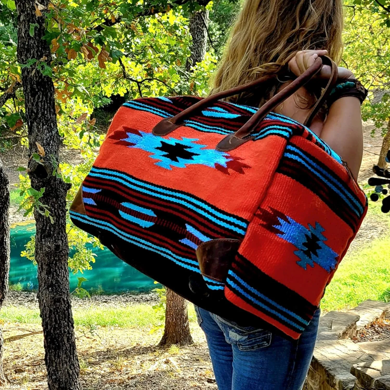 Southwestern Boho Aztec Large Weekender Duffel Bag Handwoven 100% Leather Handles (Sedona)