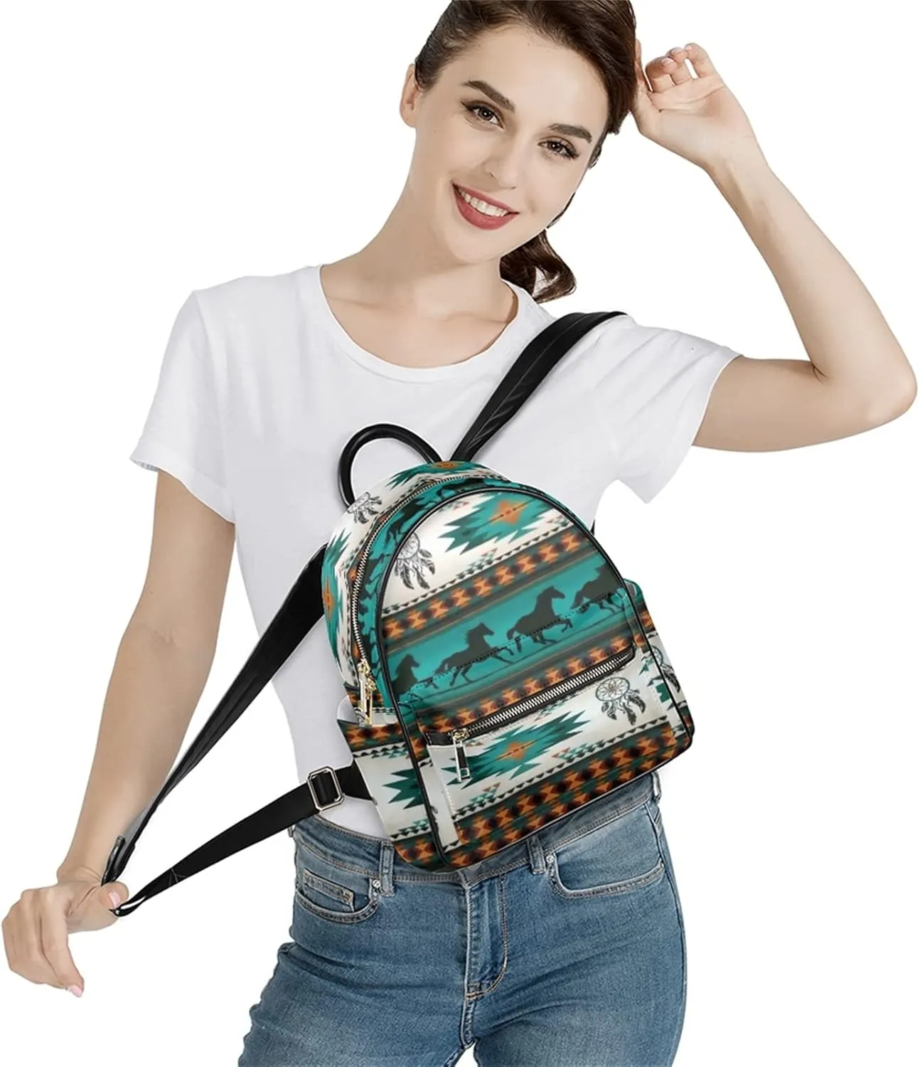 Southwestern Native PU Leather Backpack for Women Purse Small,Durable Daily Backpack Rucksack School Book Bag for Boys Girls,Aztec Turquoise Horses Dream Catchers