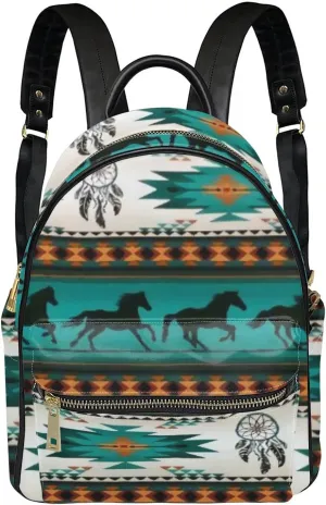 Southwestern Native PU Leather Backpack for Women Purse Small,Durable Daily Backpack Rucksack School Book Bag for Boys Girls,Aztec Turquoise Horses Dream Catchers