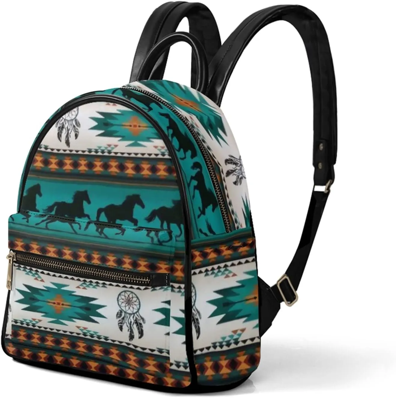 Southwestern Native PU Leather Backpack for Women Purse Small,Durable Daily Backpack Rucksack School Book Bag for Boys Girls,Aztec Turquoise Horses Dream Catchers