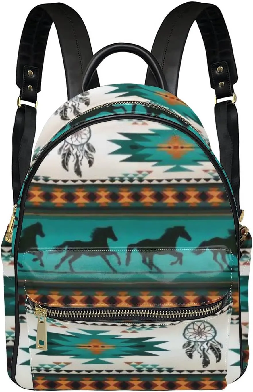 Southwestern Native PU Leather Backpack for Women Purse Small,Durable Daily Backpack Rucksack School Book Bag for Boys Girls,Aztec Turquoise Horses Dream Catchers