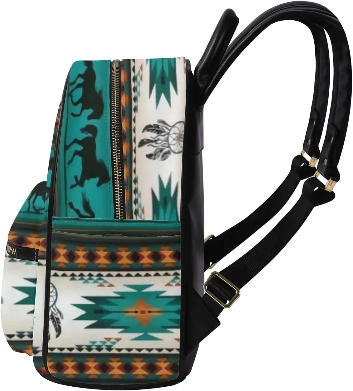 Southwestern Native PU Leather Backpack for Women Purse Small,Durable Daily Backpack Rucksack School Book Bag for Boys Girls,Aztec Turquoise Horses Dream Catchers