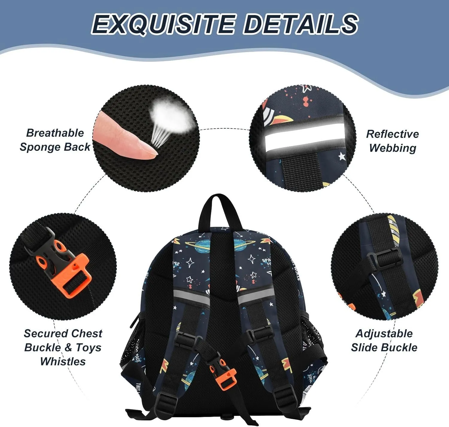 Space Elements Preschool Backpack Hand Drawn Daycare Bookbag School Backpack with Traction Rope Fashion Casual Cartoon School Travel Picnic Birthday for Kids 3-6