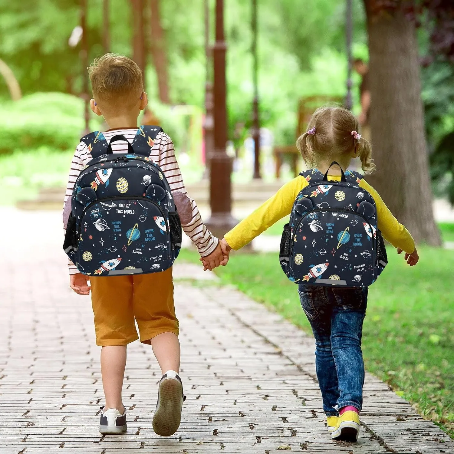 Space Elements Preschool Backpack Hand Drawn Daycare Bookbag School Backpack with Traction Rope Fashion Casual Cartoon School Travel Picnic Birthday for Kids 3-6