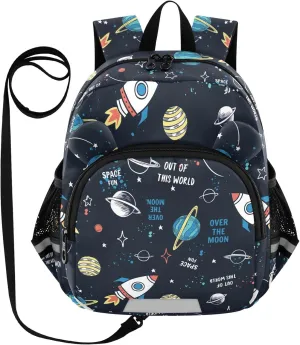 Space Elements Preschool Backpack Hand Drawn Daycare Bookbag School Backpack with Traction Rope Fashion Casual Cartoon School Travel Picnic Birthday for Kids 3-6