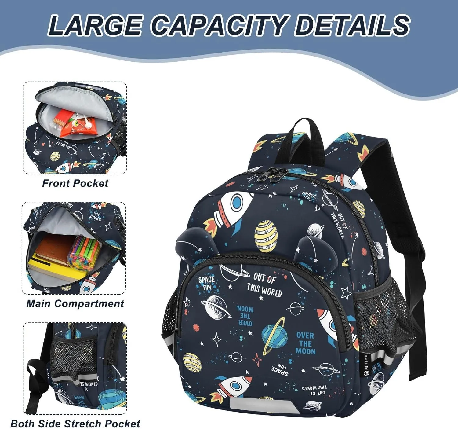 Space Elements Preschool Backpack Hand Drawn Daycare Bookbag School Backpack with Traction Rope Fashion Casual Cartoon School Travel Picnic Birthday for Kids 3-6
