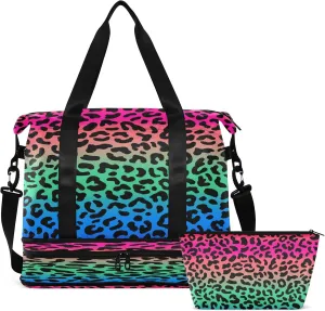 Sport Tote Bag for Women,Gym Bag Leopard Duffle Bag with Shoe Compartment and Wet Pocket,Ladies Beach Bag Overnight Bag,Weekender Bag Carry on Bag for Airplane