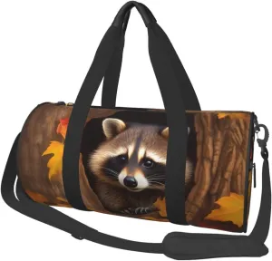 Sports Gym Bag for Women Men Travel Duffel Bag Tote Raccoon in The Fall Tree Hole Weekender Bag Canvas Carry on Overnight Bag for Travel Swimming Fitness Workout Sports Duffle Bag