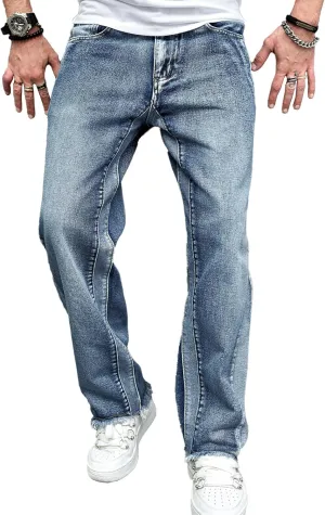 Stacked Jeans Men Ripped Raw Trim Stretch Fit Skinny Vintage Denim Pants Slim Fit Fashion Trousers Streetwear