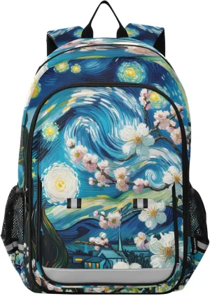 Starry Night Almond Blossom Childs Backpack, Chest Strap for Backpack Kids, Cute Bookbags for Girls