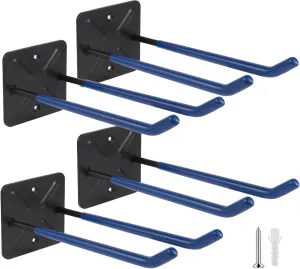 Steel Garage Storage Hooks Wall Tool Organizer, 14 Inch Garage Hook Heavy Duty Utility Storage Hangers Blue for Ladders, Chairs, Garden Tools, Set of 4