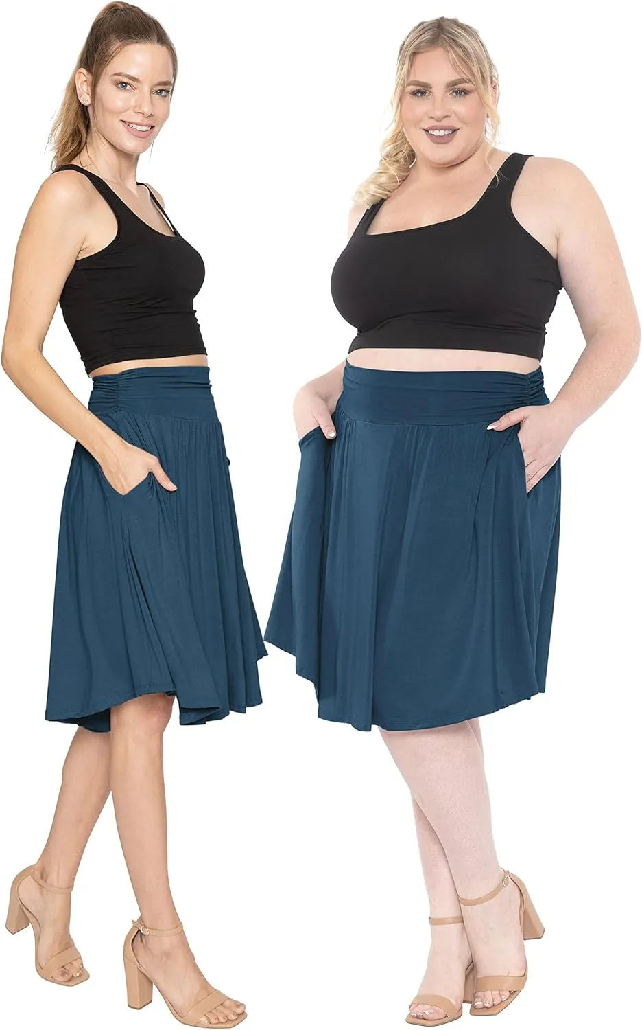 STRETCH IS COMFORT Women's and Plus Size Scoop Hem Flare Mid Length Skirt with Pockets | S-5X