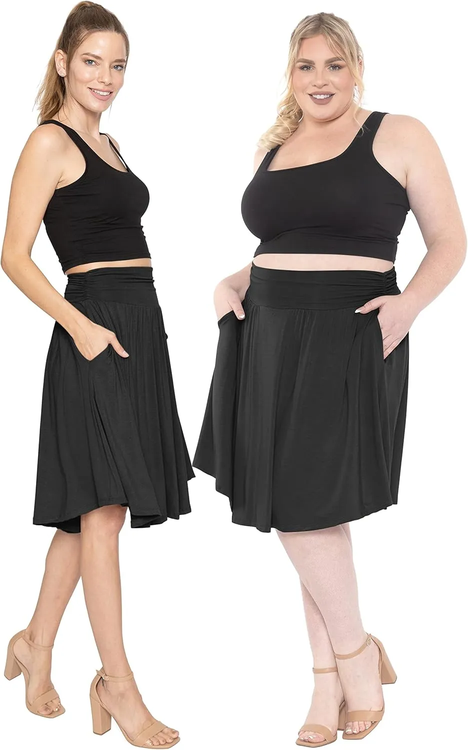STRETCH IS COMFORT Women's and Plus Size Scoop Hem Flare Mid Length Skirt with Pockets | S-5X