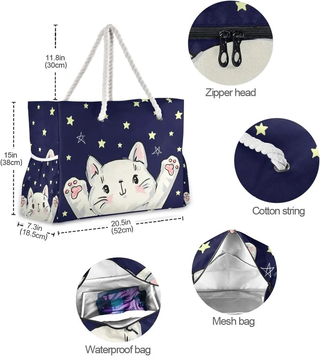 SUABO Travel Beach Bag, Women Large Shoulder Handbags, Cotton Rope Handles Travel Tote Bag for Women