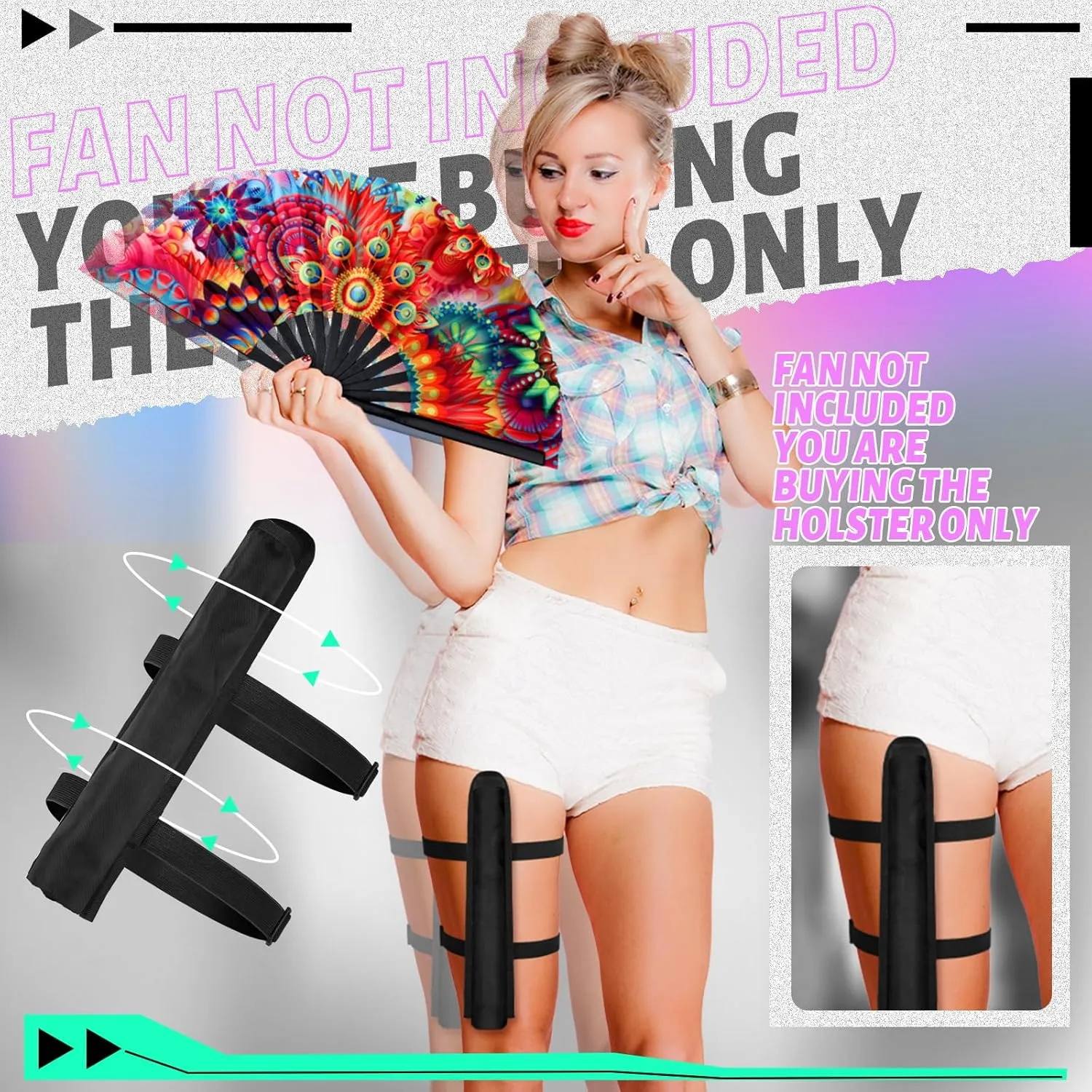 Summer Rave Fan Holster Rave Fan Holder Folding Hand Pouch Foldable Sleeves with Waist Belt for Thigh Party