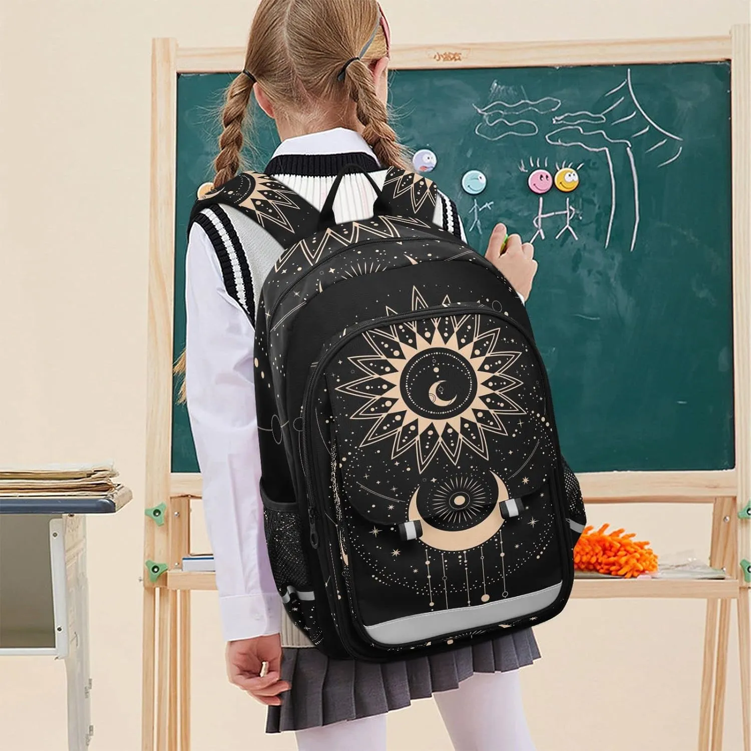 Sun Moon Magical Boho Backpack School Bag Lightweight Laptop Backpack Student Travel Daypack with Reflective Stripes