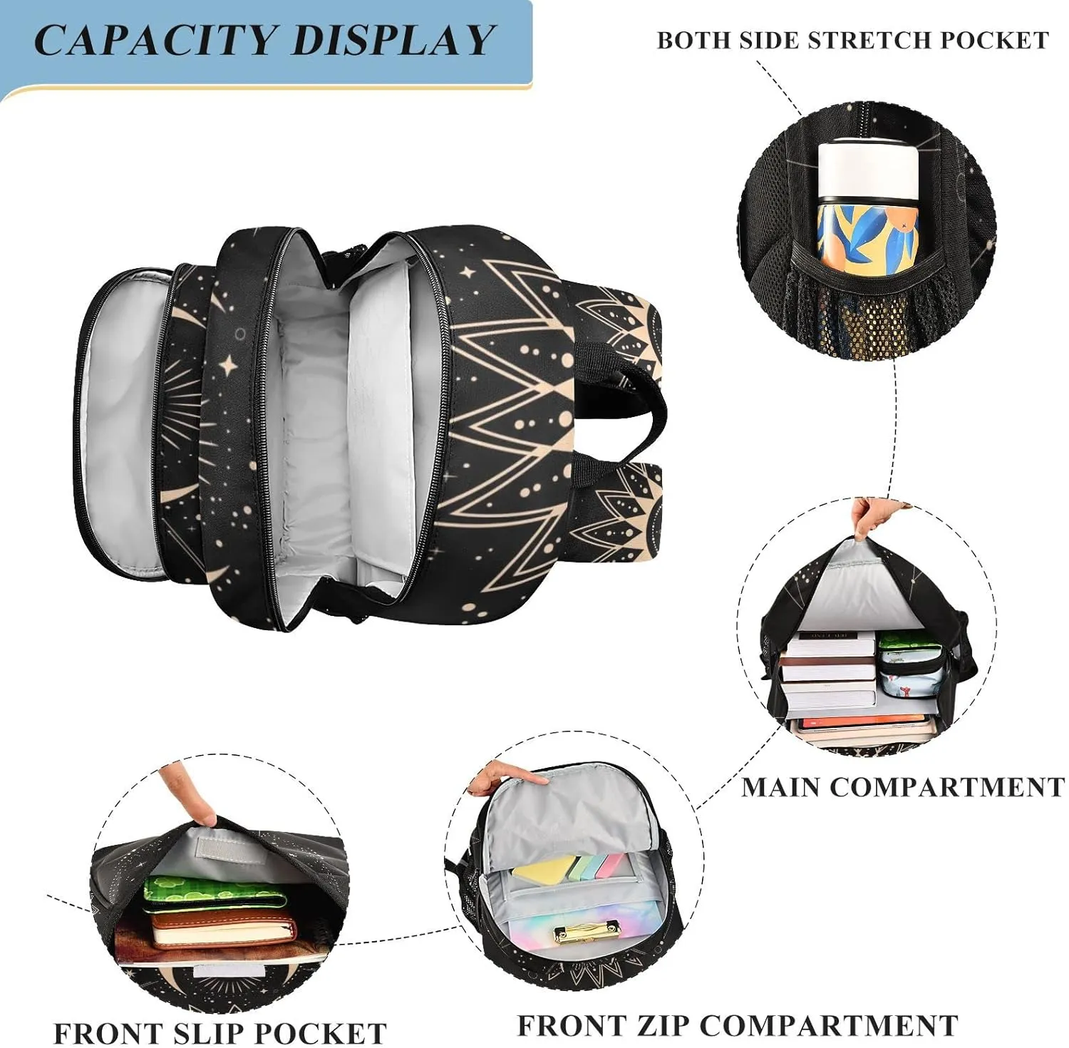 Sun Moon Magical Boho Backpack School Bag Lightweight Laptop Backpack Student Travel Daypack with Reflective Stripes