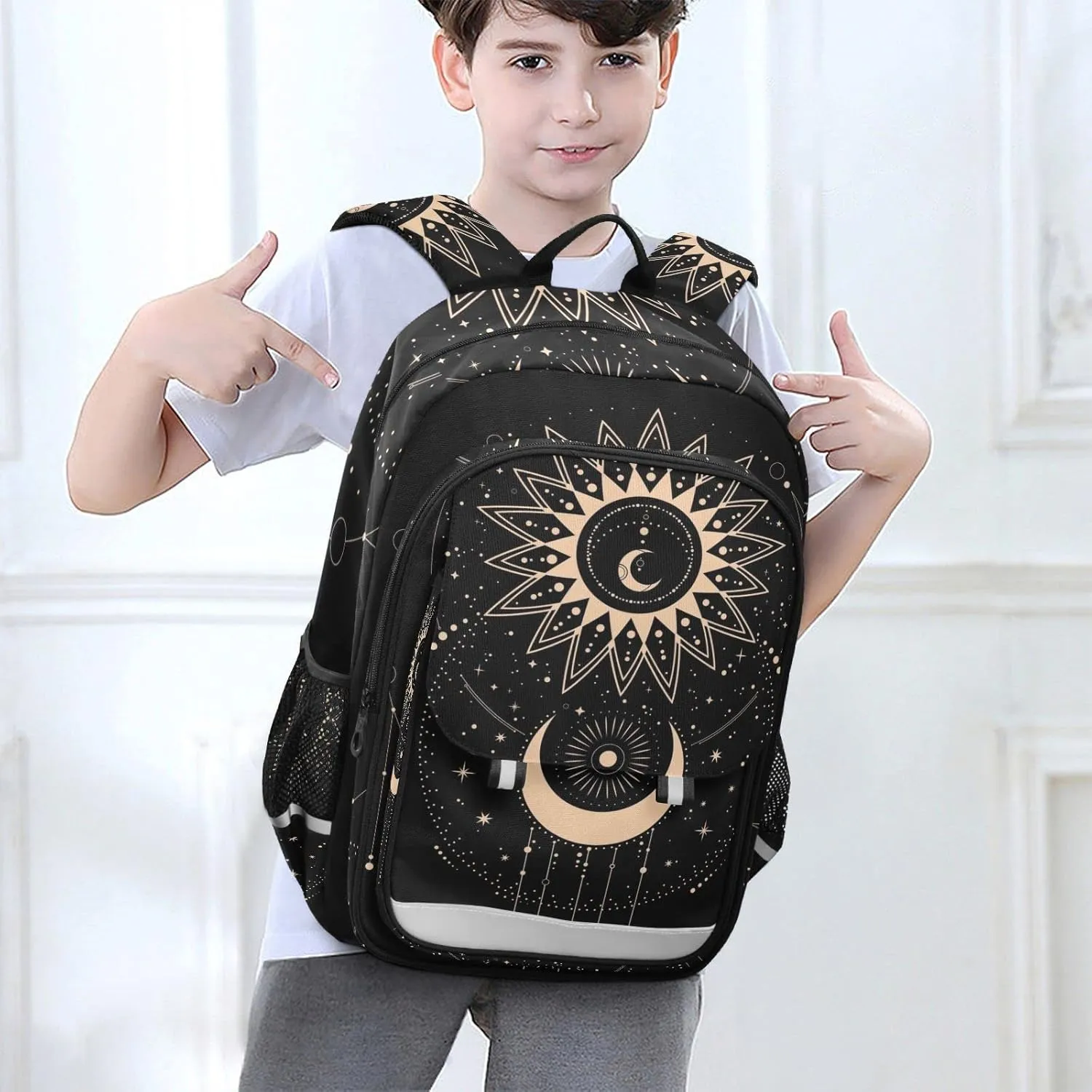 Sun Moon Magical Boho Backpack School Bag Lightweight Laptop Backpack Student Travel Daypack with Reflective Stripes