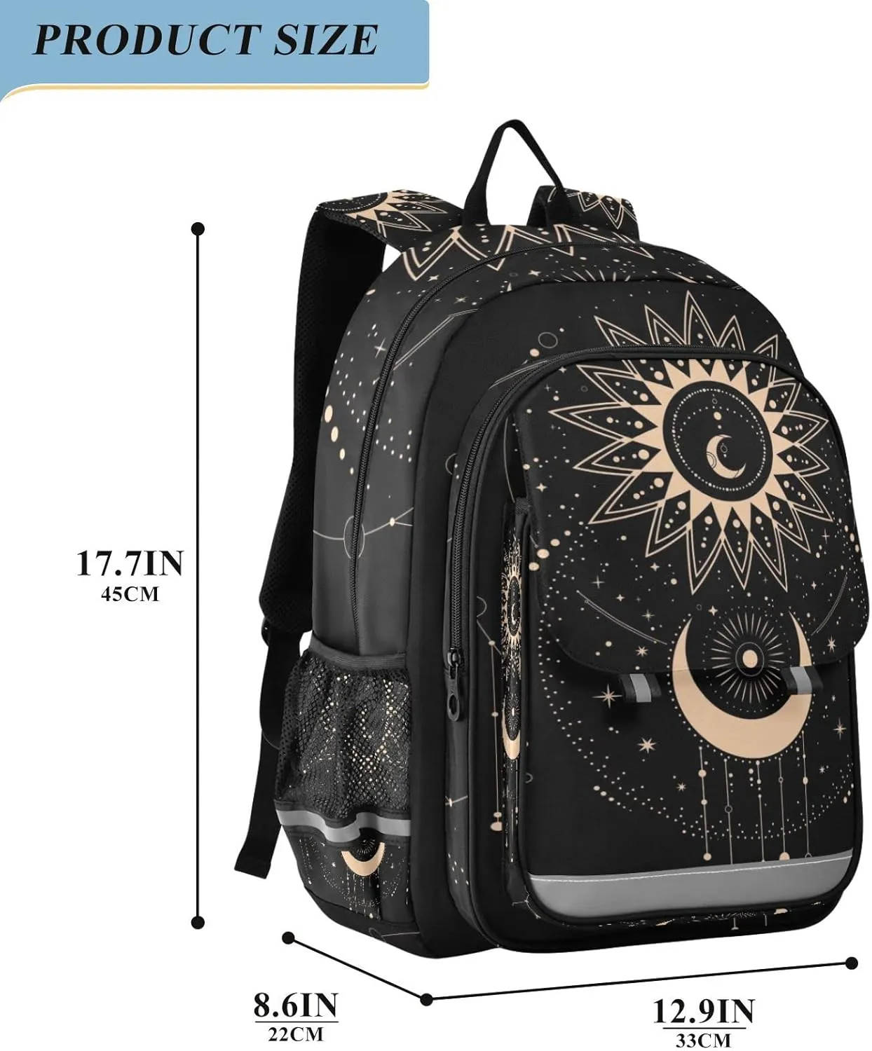 Sun Moon Magical Boho Backpack School Bag Lightweight Laptop Backpack Student Travel Daypack with Reflective Stripes