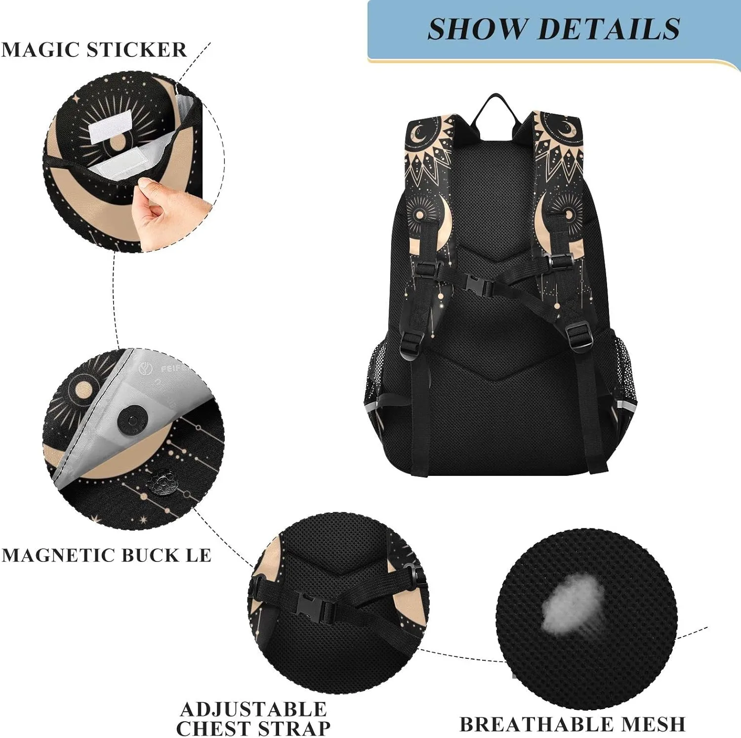 Sun Moon Magical Boho Backpack School Bag Lightweight Laptop Backpack Student Travel Daypack with Reflective Stripes