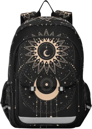 Sun Moon Magical Boho Backpack School Bag Lightweight Laptop Backpack Student Travel Daypack with Reflective Stripes
