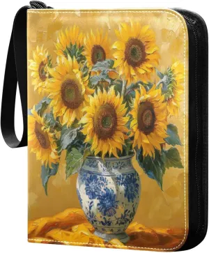 Sunflowers Painting Card Binder 4-Pocket, 400 Pockets PU Waterproof Zippered Collector Card Album with 50 Removable Sleeves for Trading, Game Cards