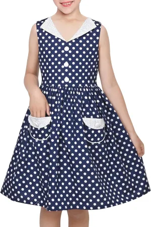 Sunny Fashion Girls Dress Blue Polka Dot Pocket Pleated Summer Sleeveless Cotton