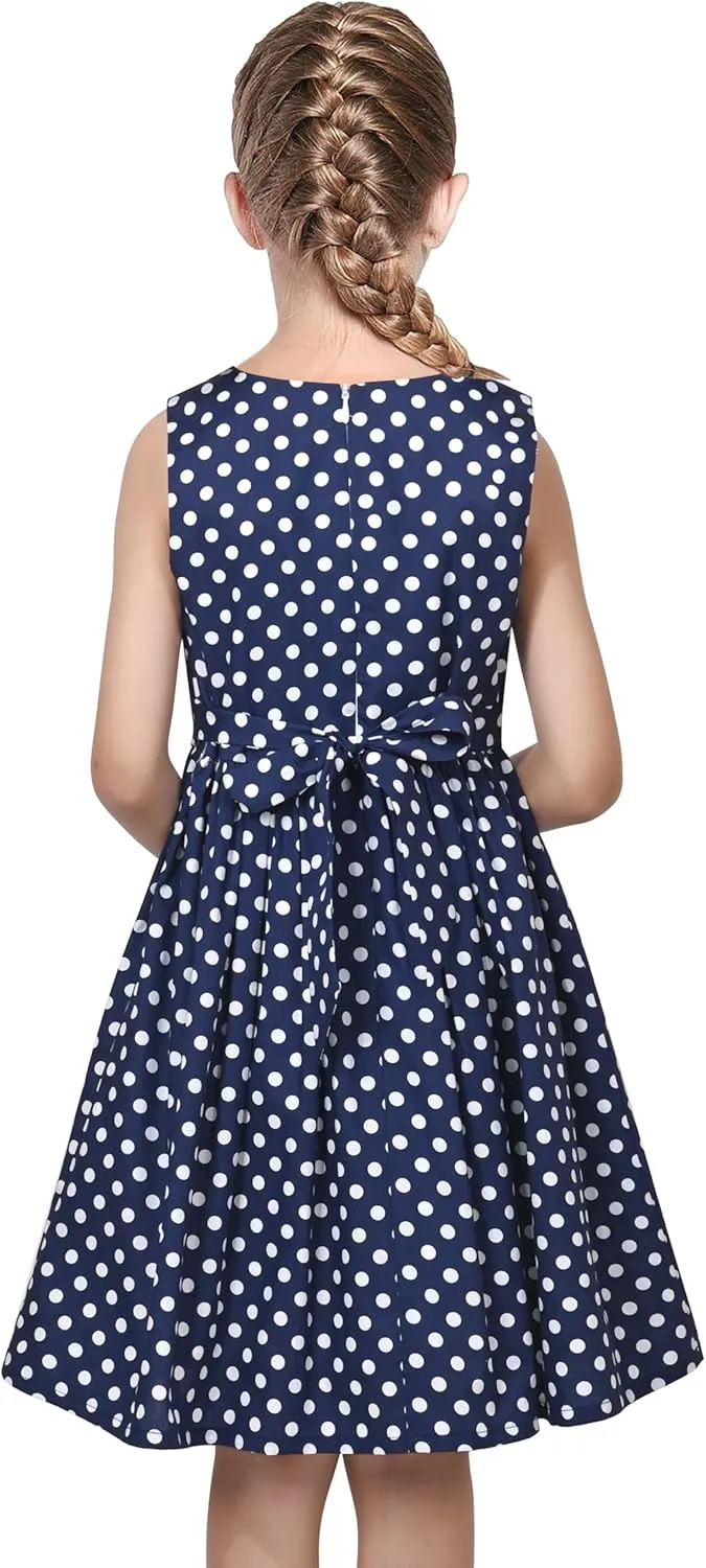 Sunny Fashion Girls Dress Blue Polka Dot Pocket Pleated Summer Sleeveless Cotton