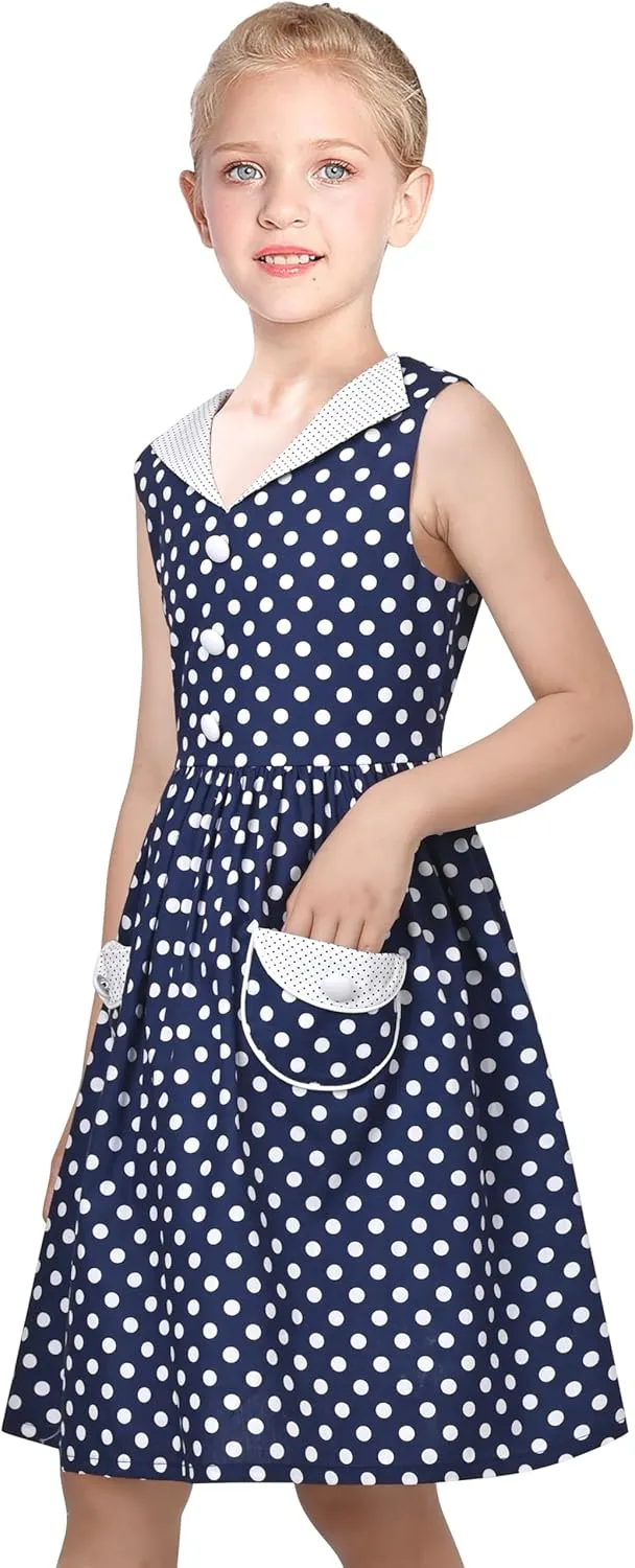 Sunny Fashion Girls Dress Blue Polka Dot Pocket Pleated Summer Sleeveless Cotton