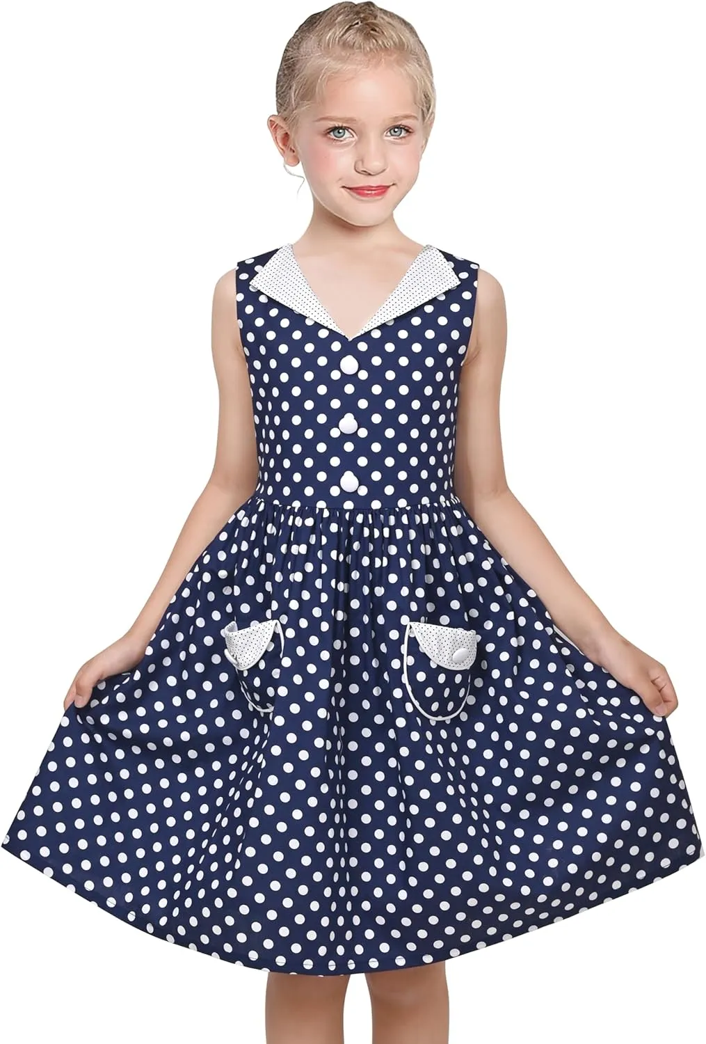 Sunny Fashion Girls Dress Blue Polka Dot Pocket Pleated Summer Sleeveless Cotton