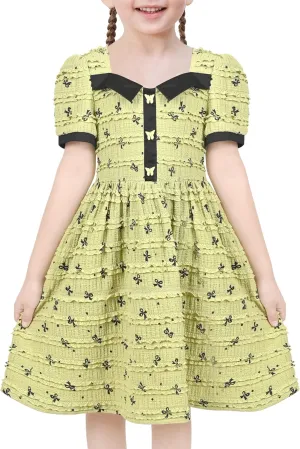Sunny Fashion Girls Dress Green Butterfly Ruffle Lace Trim Soft Short Sleeve
