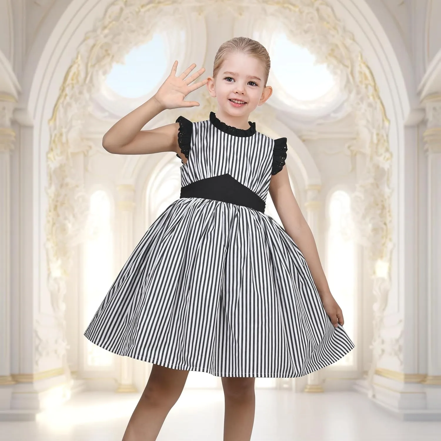 Sunny Fashion Girls Dress O-Neck Backless Smocked Embroidery Ruffle Vintage Sleeveless