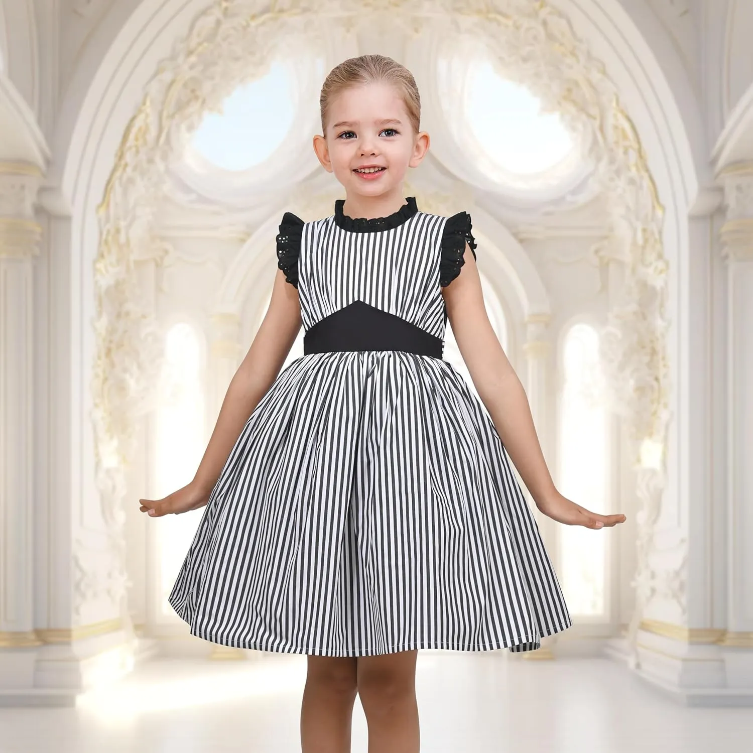 Sunny Fashion Girls Dress O-Neck Backless Smocked Embroidery Ruffle Vintage Sleeveless