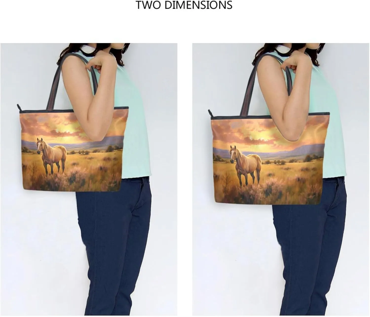 Sunset Grassland Horse Tote Bag for Women Durable Designer Handbag with Zipper for Daily Use Travel L