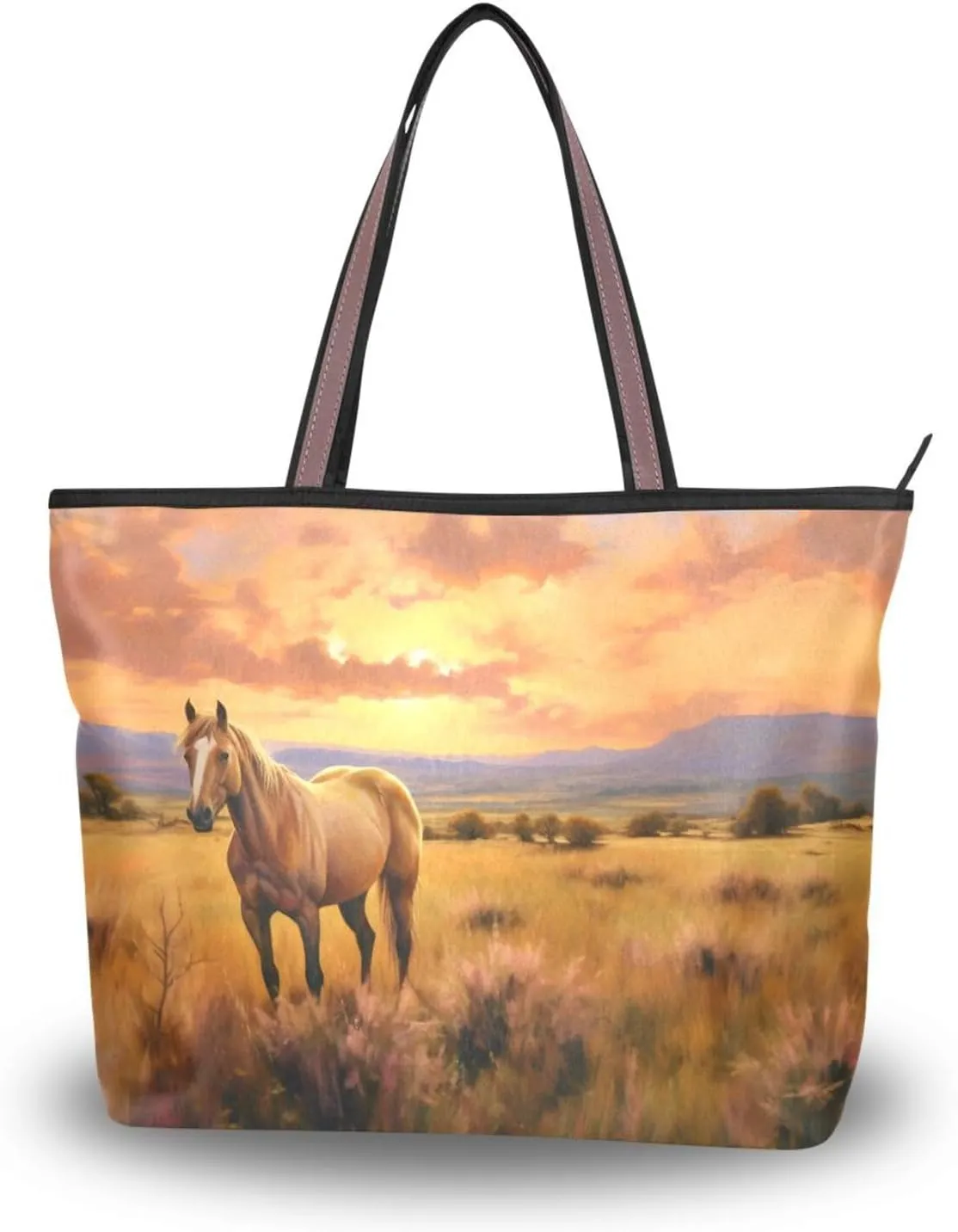 Sunset Grassland Horse Tote Bag for Women Durable Designer Handbag with Zipper for Daily Use Travel L