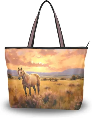 Sunset Grassland Horse Tote Bag for Women Durable Designer Handbag with Zipper for Daily Use Travel L