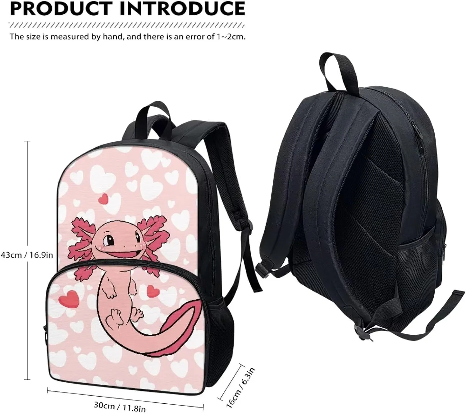 Suobstales Axolotl Heart Print Kids School Backpack Casual Travel Daypack School Backpack for Teens Boys Middle School Laptop Backpack with Zippe Pocket and Adjustable Straps