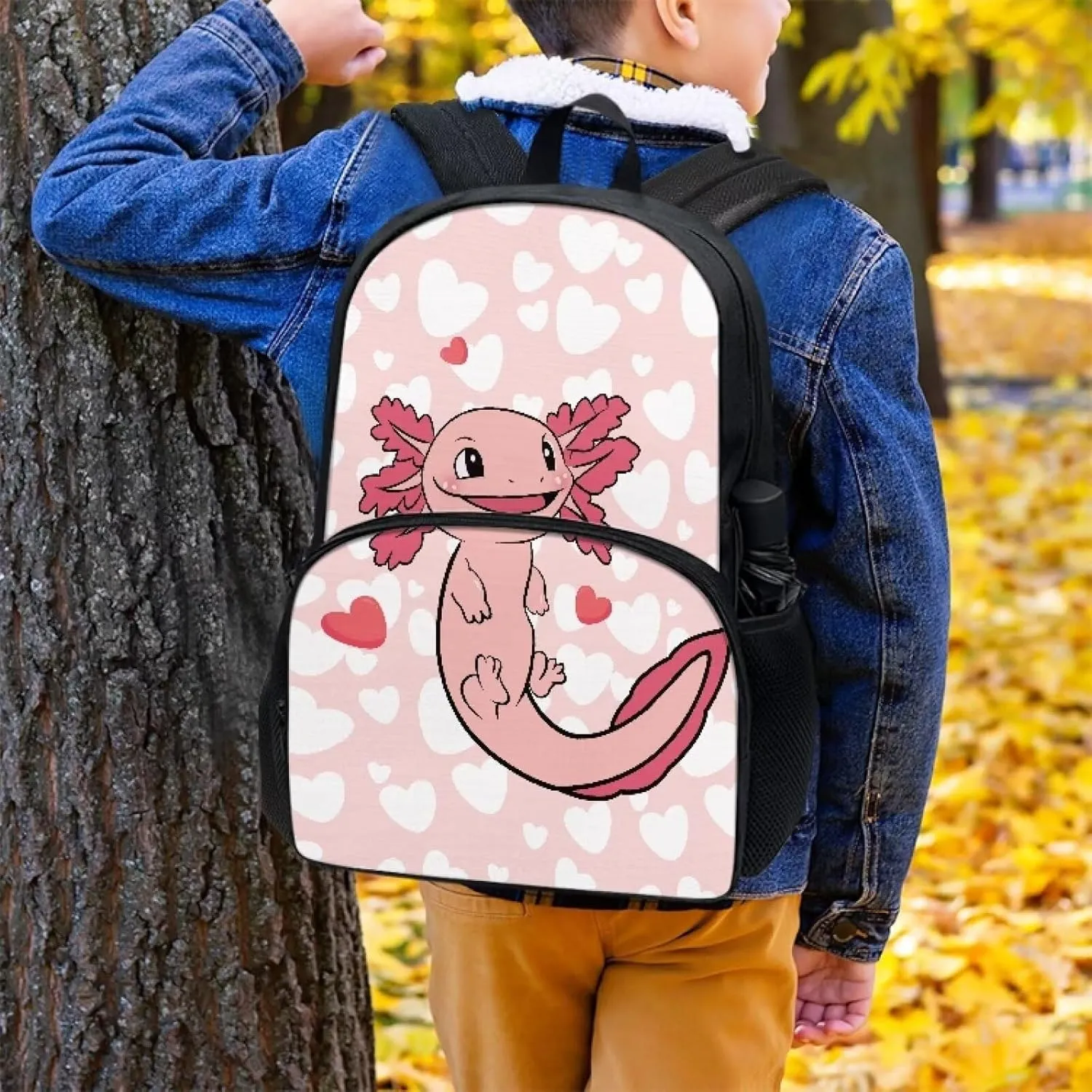 Suobstales Axolotl Heart Print Kids School Backpack Casual Travel Daypack School Backpack for Teens Boys Middle School Laptop Backpack with Zippe Pocket and Adjustable Straps