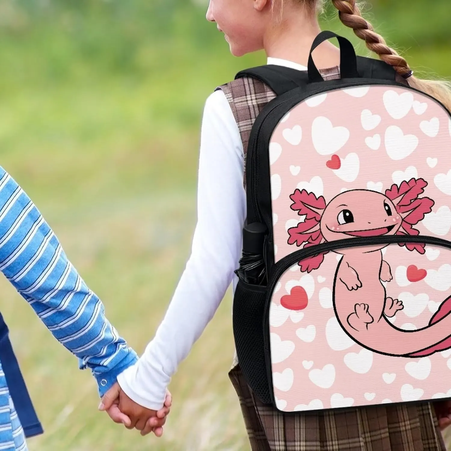 Suobstales Axolotl Heart Print Kids School Backpack Casual Travel Daypack School Backpack for Teens Boys Middle School Laptop Backpack with Zippe Pocket and Adjustable Straps