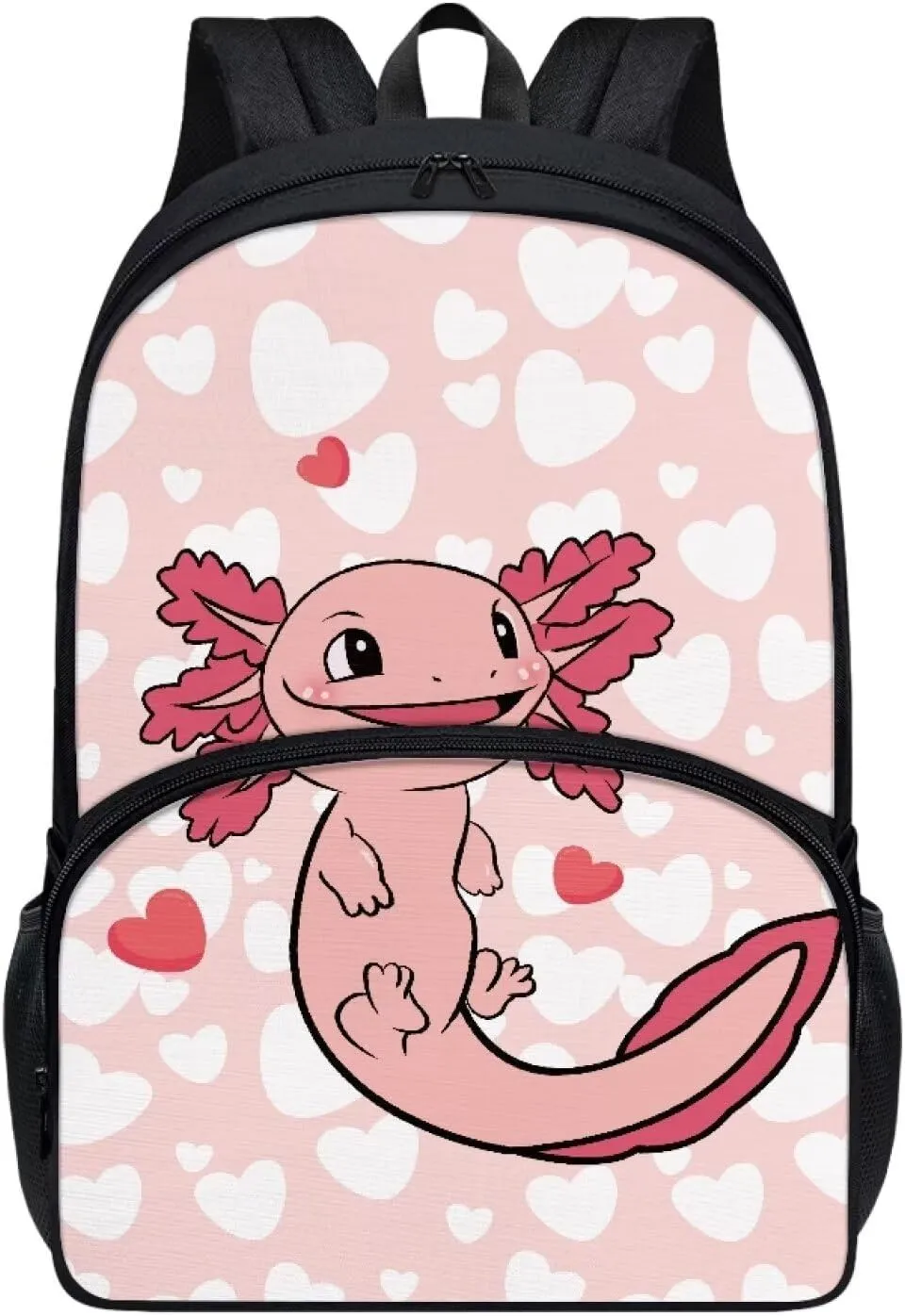 Suobstales Axolotl Heart Print Kids School Backpack Casual Travel Daypack School Backpack for Teens Boys Middle School Laptop Backpack with Zippe Pocket and Adjustable Straps