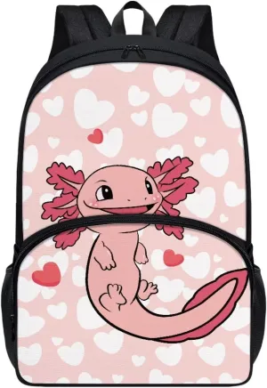 Suobstales Axolotl Heart Print Kids School Backpack Casual Travel Daypack School Backpack for Teens Boys Middle School Laptop Backpack with Zippe Pocket and Adjustable Straps