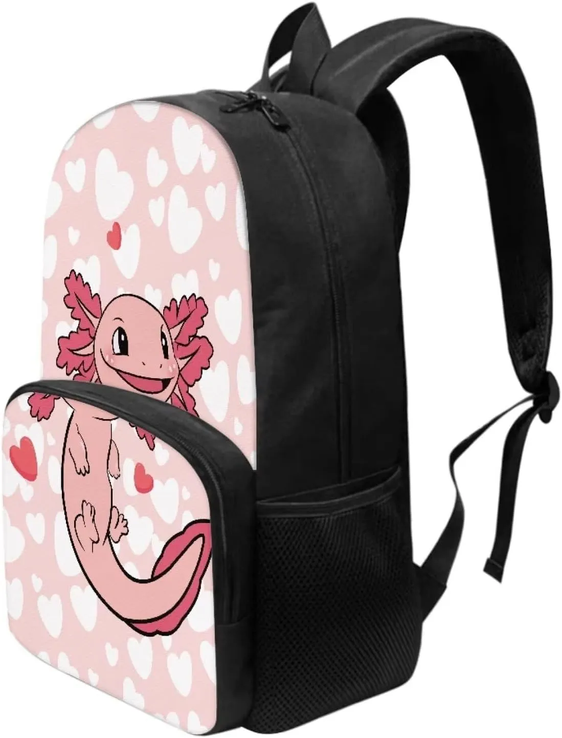 Suobstales Axolotl Heart Print Kids School Backpack Casual Travel Daypack School Backpack for Teens Boys Middle School Laptop Backpack with Zippe Pocket and Adjustable Straps