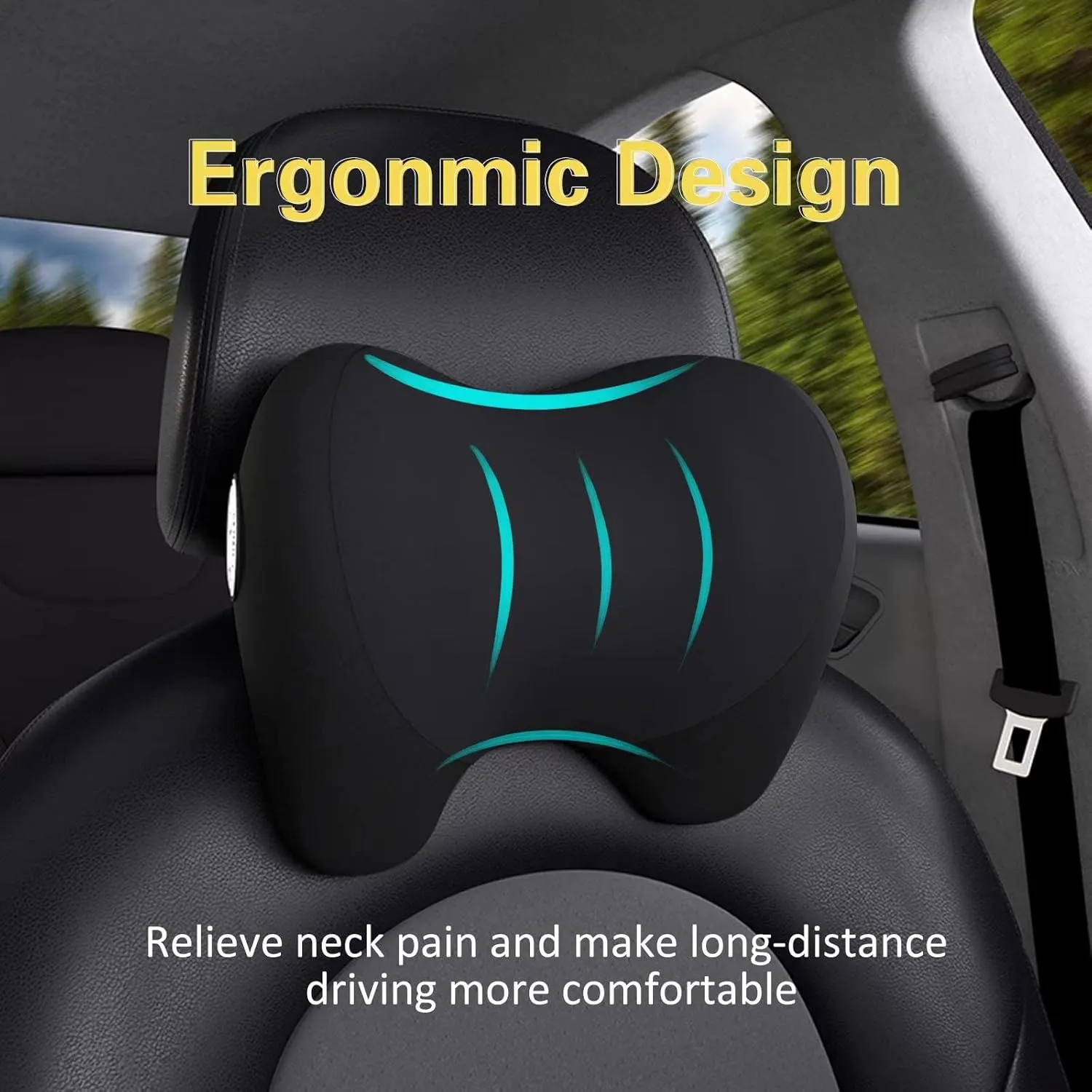 Super Cozy Car Headrest Pillow, 100% Memory Foam Car Neck Pillow with Adjustable Strap & Breathable Removable Cover, Ergonomic Design - Travel Pillow Car Pillow for Neck/Back Pain Relief(Black, 1PC)