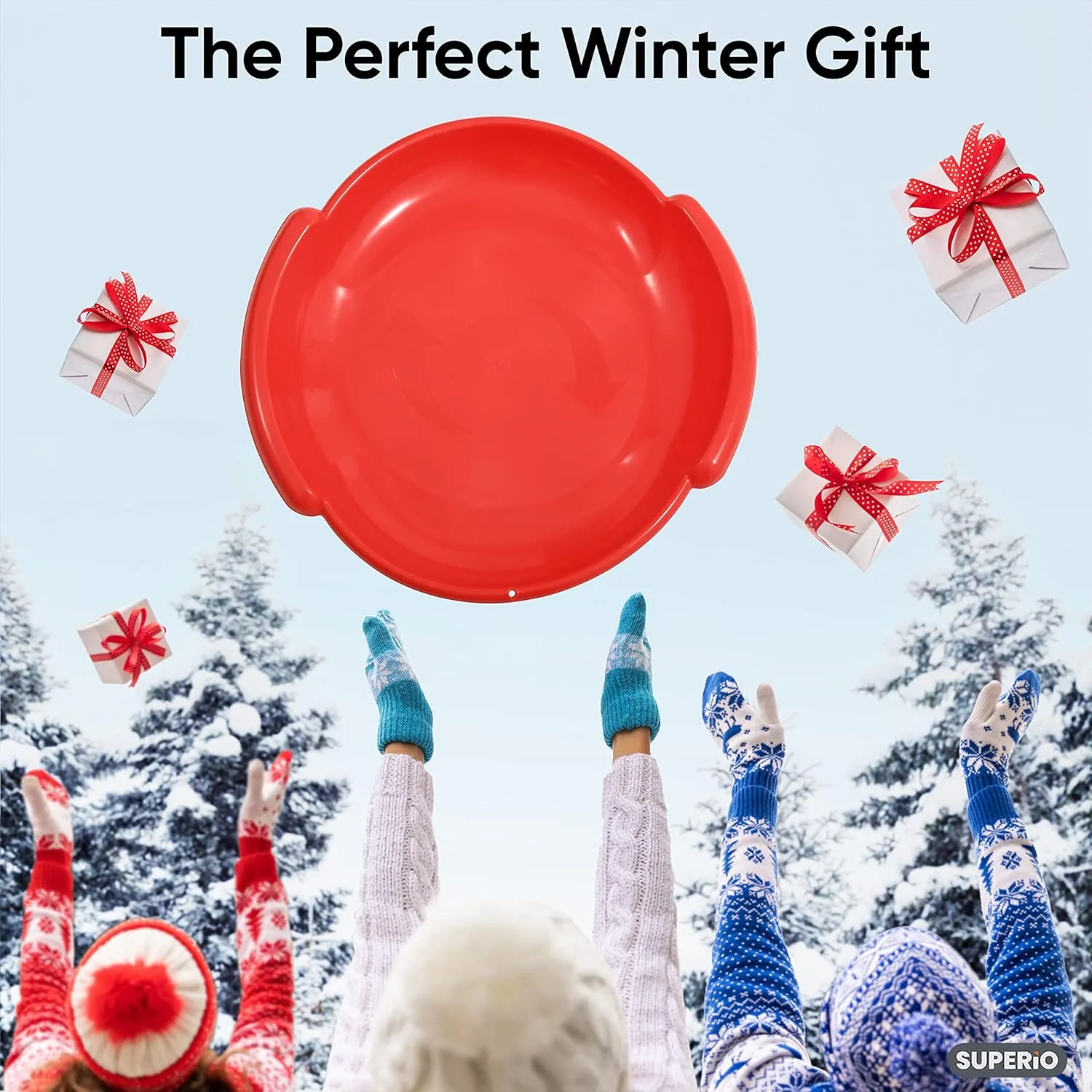 Superio Round Snow Saucer Sled- 24" Plastic Disc Sled for Kids and Adults- Heavy Duty Sled with Handles for Downhill Sledding, Winter Outdoor Sports